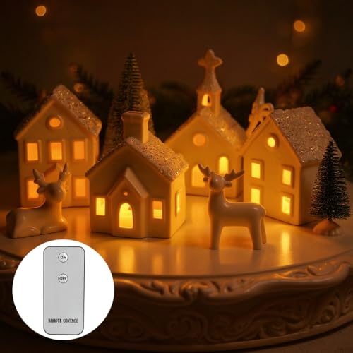Christmas Village Set with 4 Lighted Ceramic Houses, 2 Trees, 2 Deer & Santa Y953107