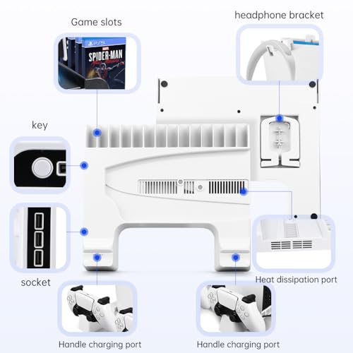 PS5 Slim Stand with Cooling Fan and Controller Charging Station, Headset Holder, White C25996