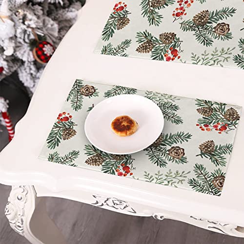 Winter Pine Cone Needle Branch Berry Table Runner, Watercolor Botanical Tabletop Scarf, Christmas Farmhouse Holiday Dining Decoration O823579