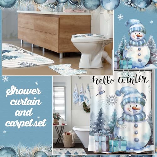 7 Pcs Christmas Shower Curtain Set with U Shape Rugs, Toilet Cover and 3 Towels W9950