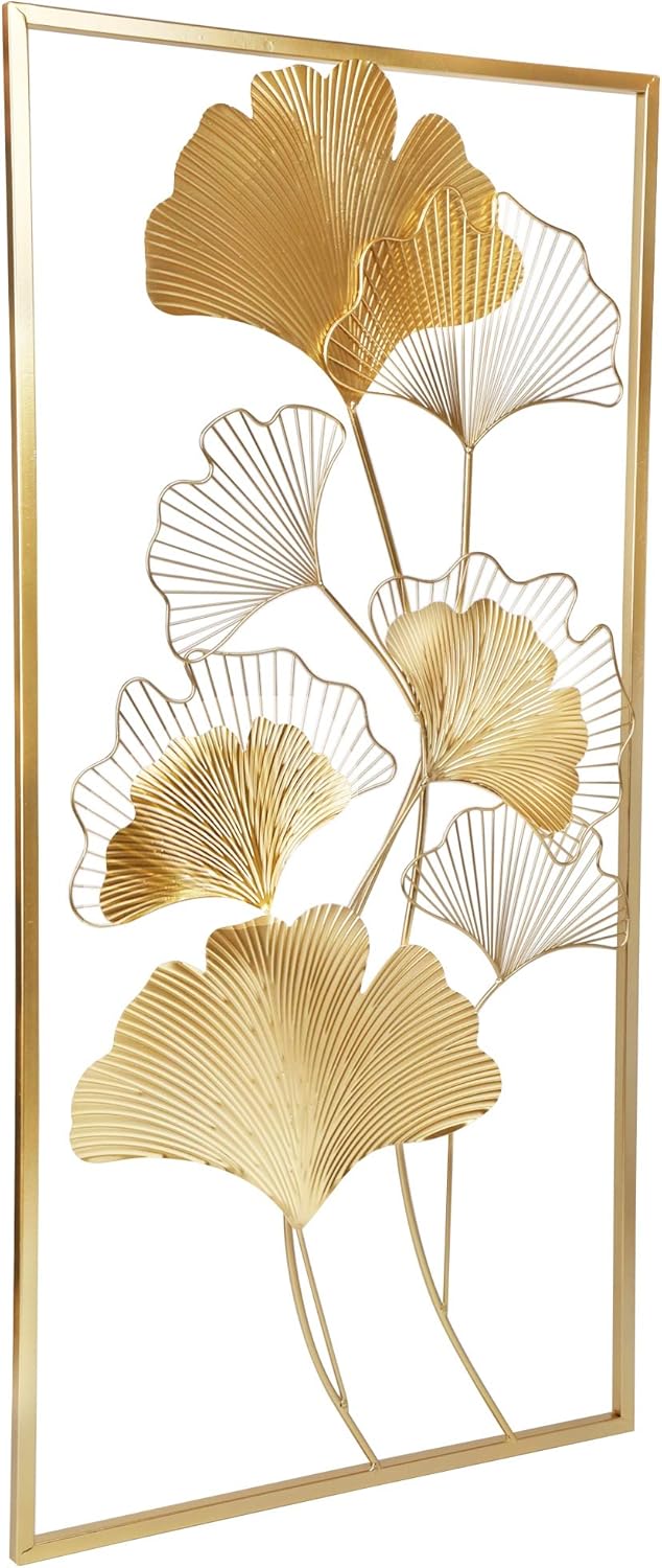 Metal Wall Decor, 39" x 20" Golden Ginkgo Leaf Wall Hanging with Frame G1709