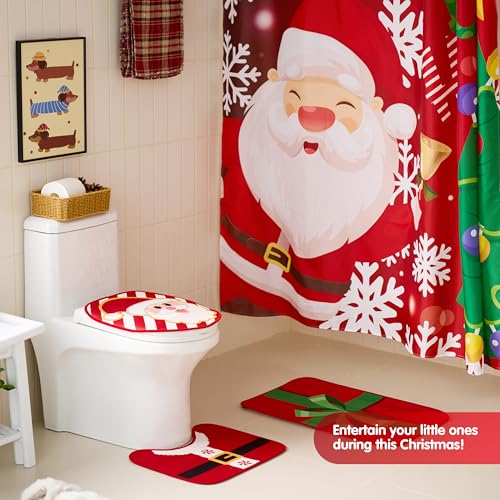 Christmas Bathroom Set with Shower Curtain, Bath Mat, Toilet Cover, Rug & Hooks T26855