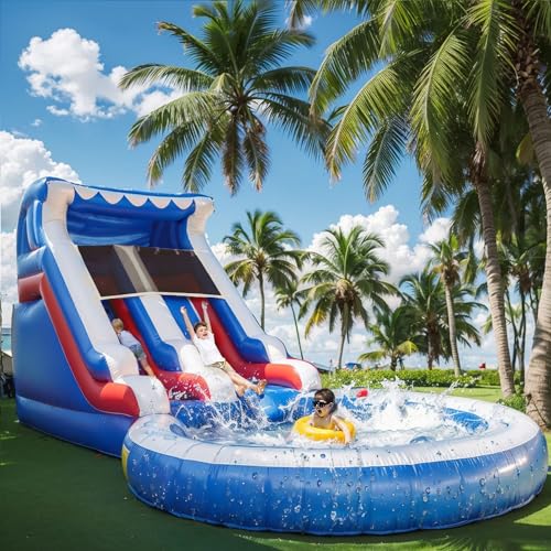Water Slides for Kids,Commercial Big Water Slide for Adults Backyard 100% PVC Climbing Ladder with 2 Large WaterSlides with Splash Pool Outdoor Wet Dry Inflatable Pool Kids Water Slides 20FT/L