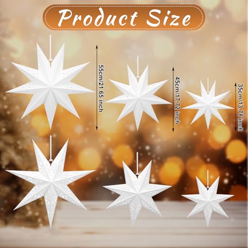 6 Pcs Christmas Paper Star Lanterns with LED Light, Hanging Ornament for Xmas Party Indoor Outdoor Decor N186