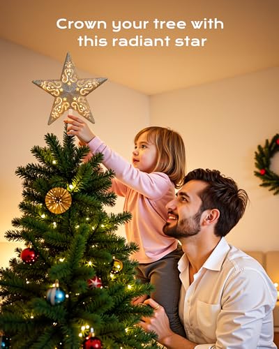 Christmas Star Tree Topper Lighted 3D Gold Pentagram with 10 Bulbs Plug In B67124