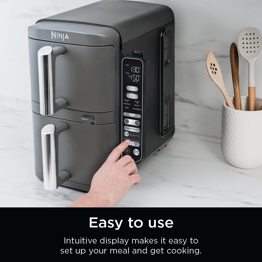 Air Fryer, 8 QT DoubleStack 2-Basket, Space Saving Design, 6-in-1, Roast & Bake, Dishwasher Safe Parts, Black N43591