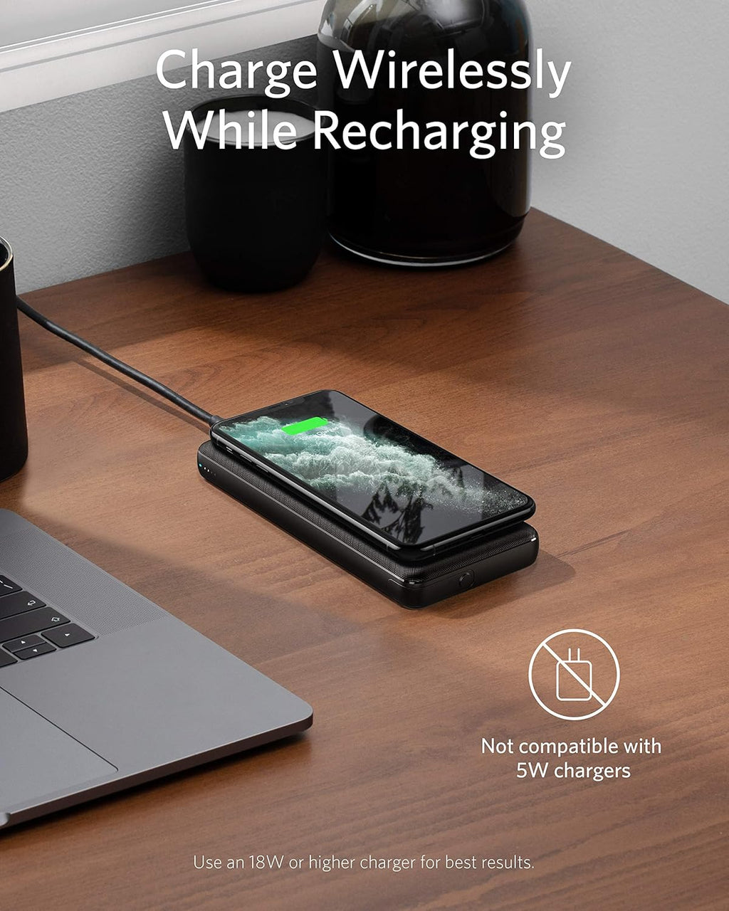10,000 mAh Wireless Portable Charger with 10W Qi-Certified Charging and 18W USB-C Quick Charge A484