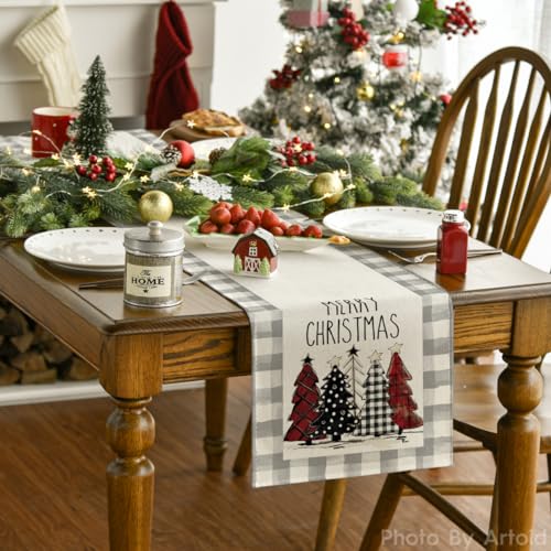 Buffalo Plaid Christmas Trees Table Runner, Winter Holiday Kitchen Dining Decor, 13 x 108 Inch D48516