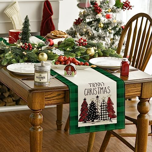 Buffalo Plaid Christmas Trees Table Runner, Winter Holiday Kitchen Dining Decor, 13 x 108 Inch D48516