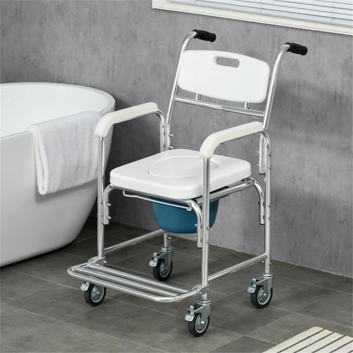 Shower Wheelchair with Commode, 4 Lockable Wheels, Adjustable I31146