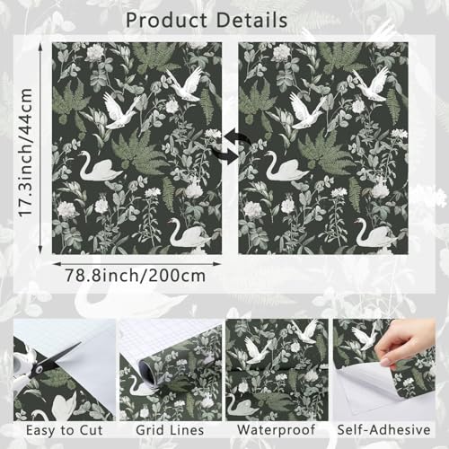 Peel and Stick Wallpaper Dark Green Floral Vintage Bird Self Adhesive Removable O713