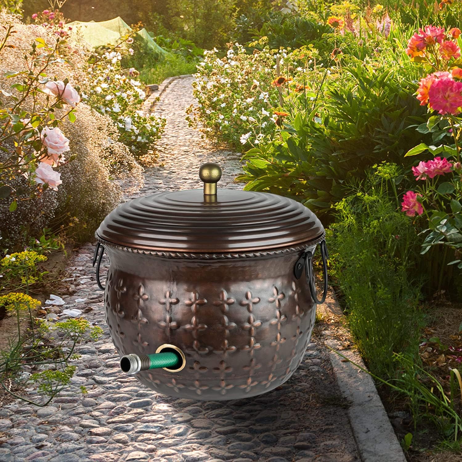 Garden Hose Storage Holder Pot with Lid Antique Green Finish I49429