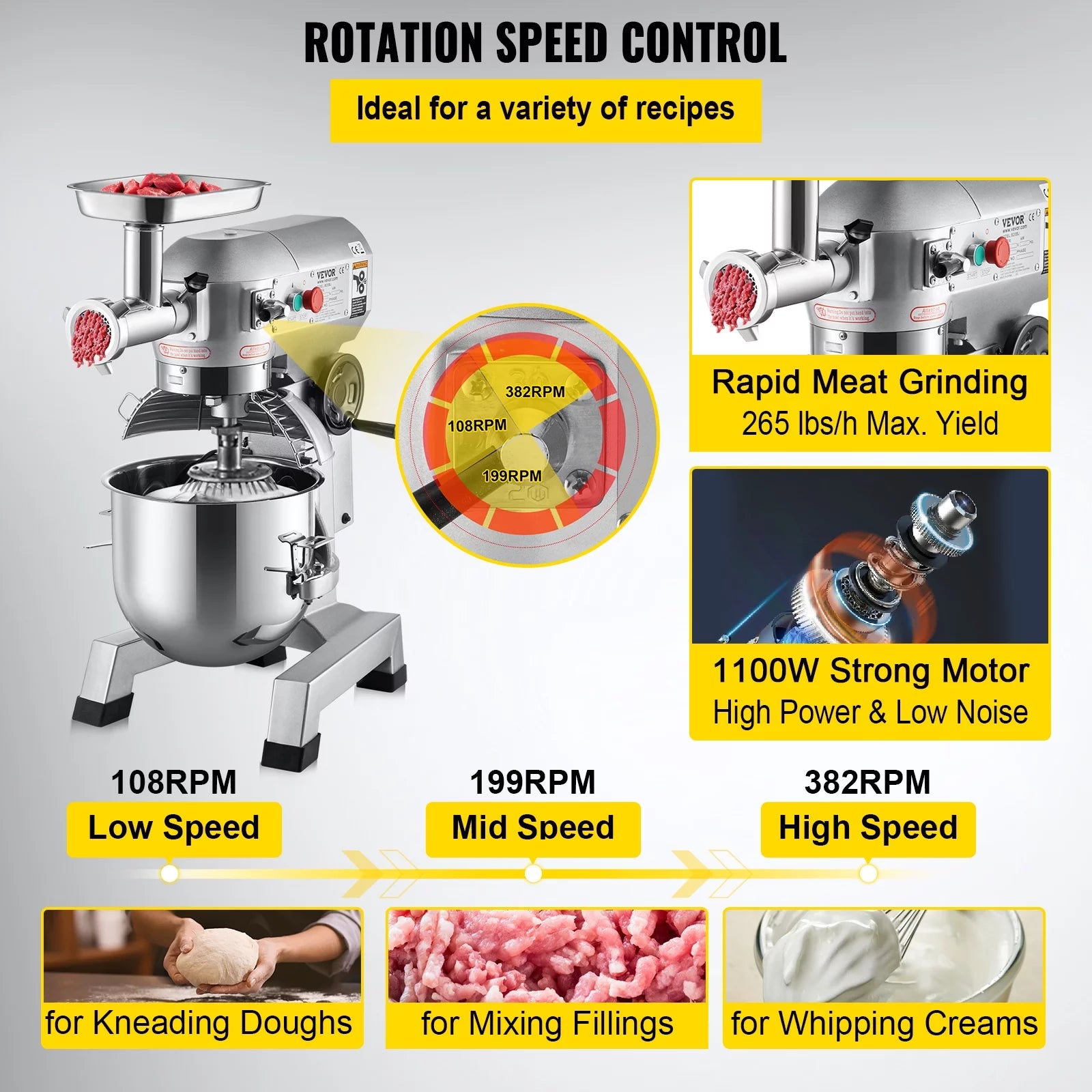 20Qt Stainless Steel Bowl Stand Mixer with Meat Grinder, 3 Speeds M7949