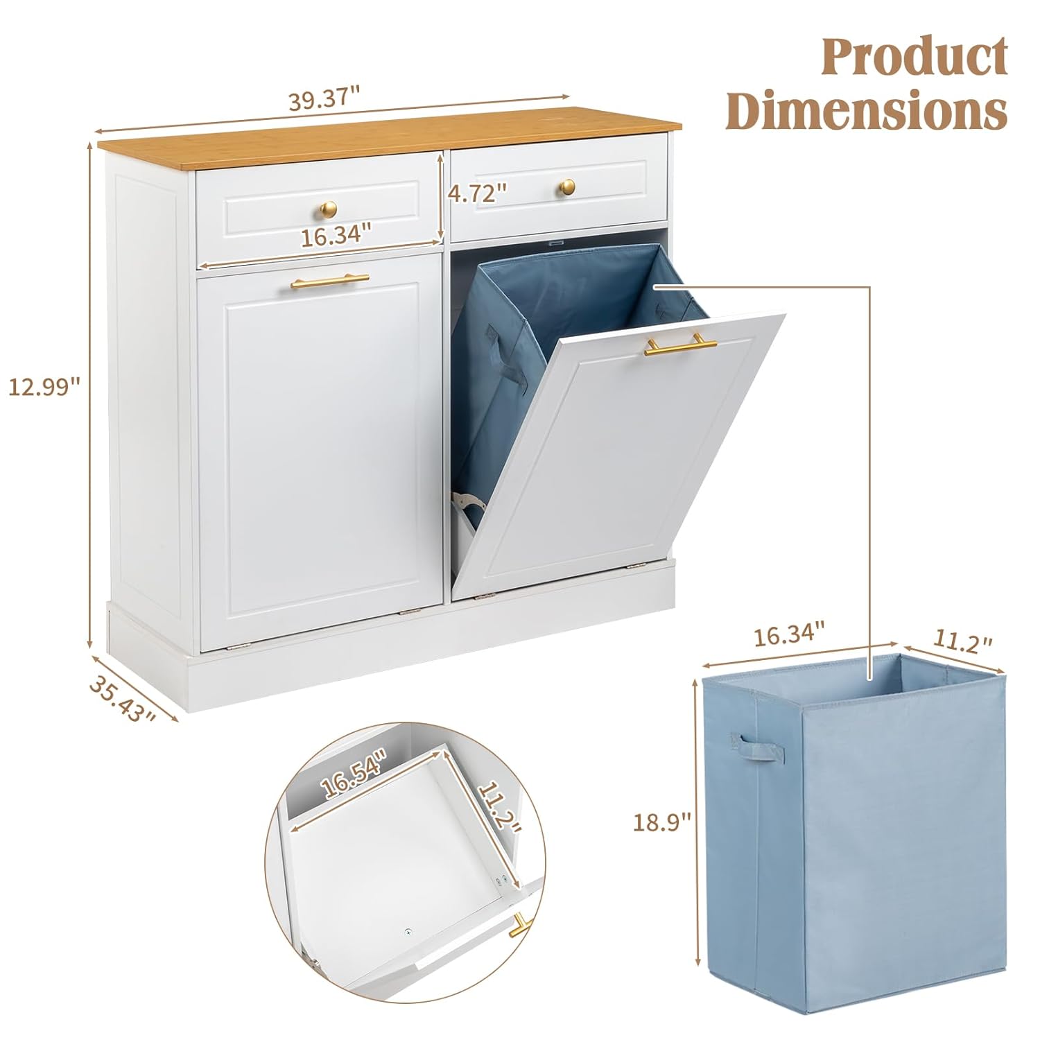 Kitchen Trash Can Cabinet with Drawer and Laundry Hamper, 2 Doors 2 Drawers, White T31625