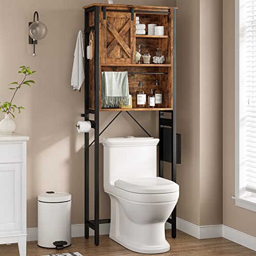 Over The Toilet Storage Cabinet, 4-Tier Bathroom Shelves with Storage Bag and Hooks, Vintage White I358