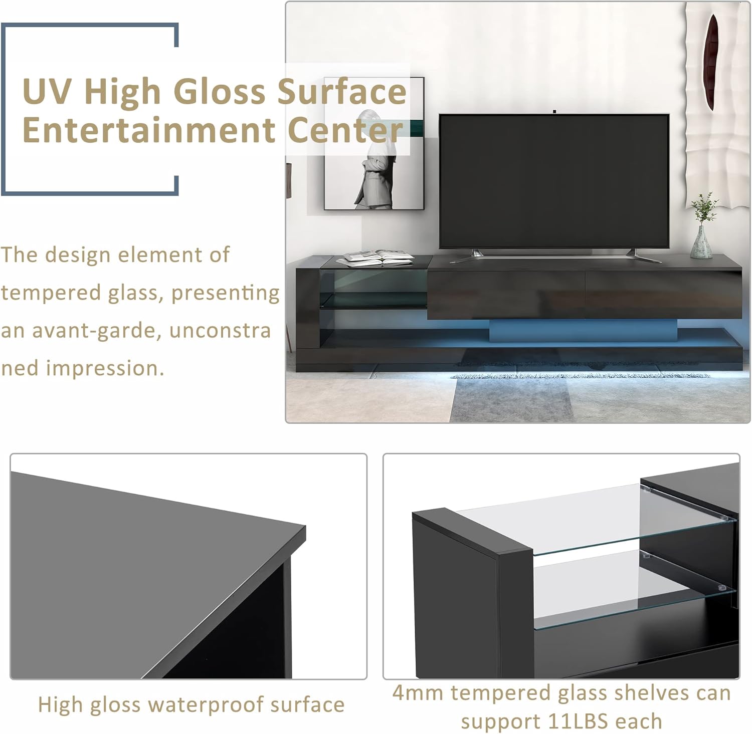 High Gloss TV Stand with LED Lights and 2 Media Storage Cabinets for 75 Inch TV U5066