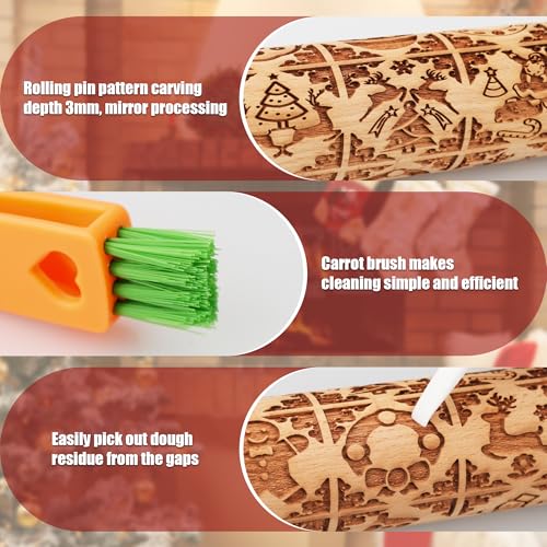 17" Wooden Rolling Pin for Baking with Christmas Embossed Designs, 3mm Deep Cookie Molds, Includes Cleaning Brush L8431