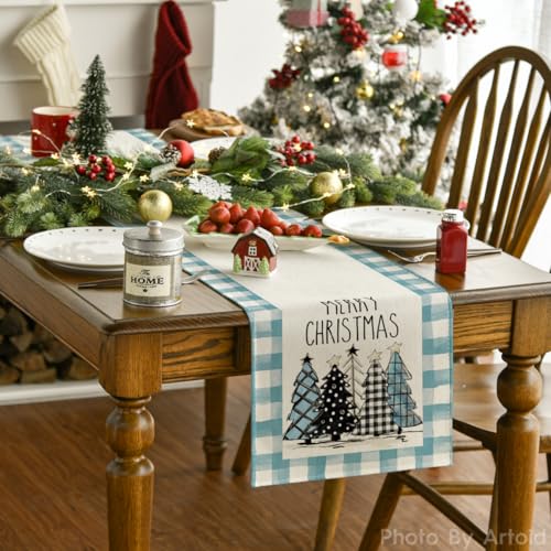 Buffalo Plaid Christmas Trees Table Runner, Winter Holiday Kitchen Dining Decor, 13 x 108 Inch D48516