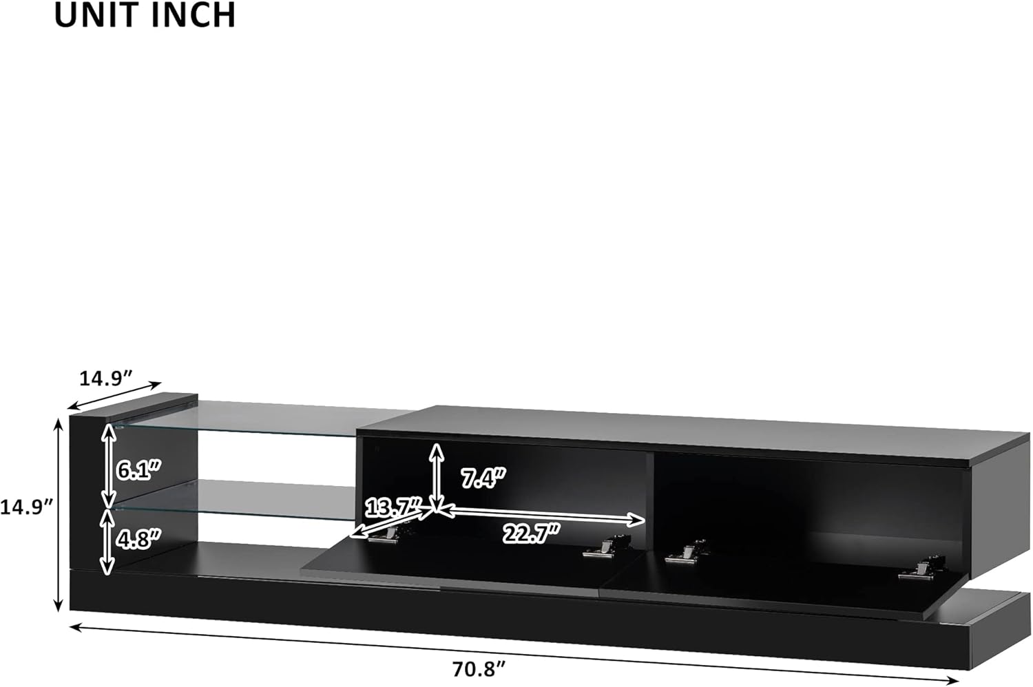 High Gloss TV Stand with LED Lights and 2 Media Storage Cabinets for 75 Inch TV U5066