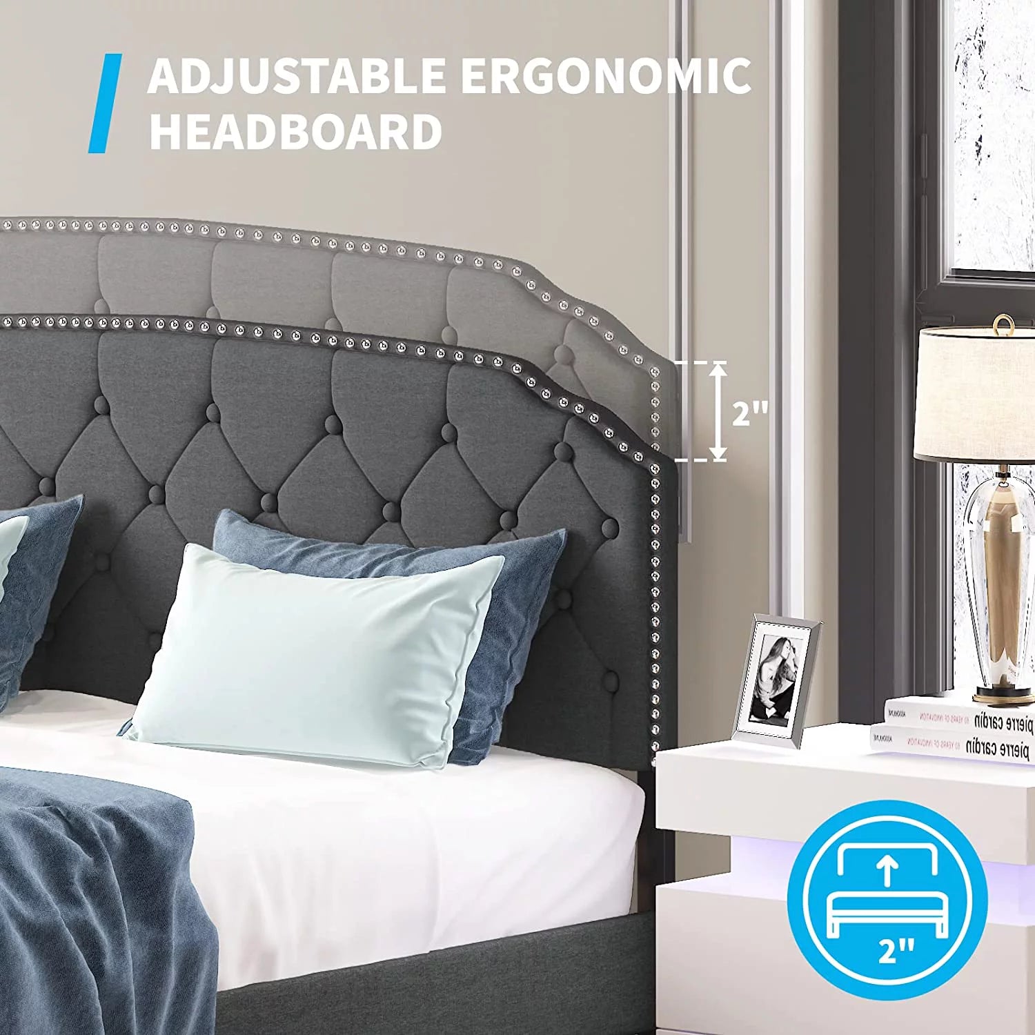 Queen Size Platform Bed Frame with Tufted Upholstered Headboard, Dark Grey E37329