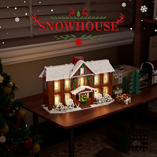 House Building Set with LED Light, Christmas Snow House Kit, Building Blocks Model Toys, 1445 PCS W322725