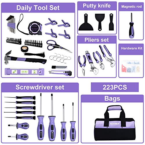 Purple 223-Piece Tool Set with Tool Bag for Home Maintenance K43789