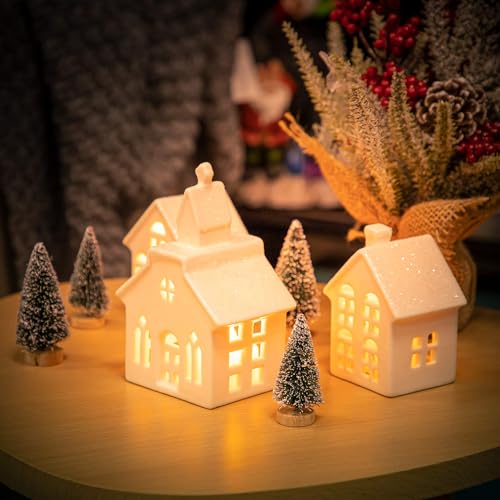 7 Pcs Christmas Miniature Porcelain Village Sets Tabletop Figurine LED House Decorations E5252