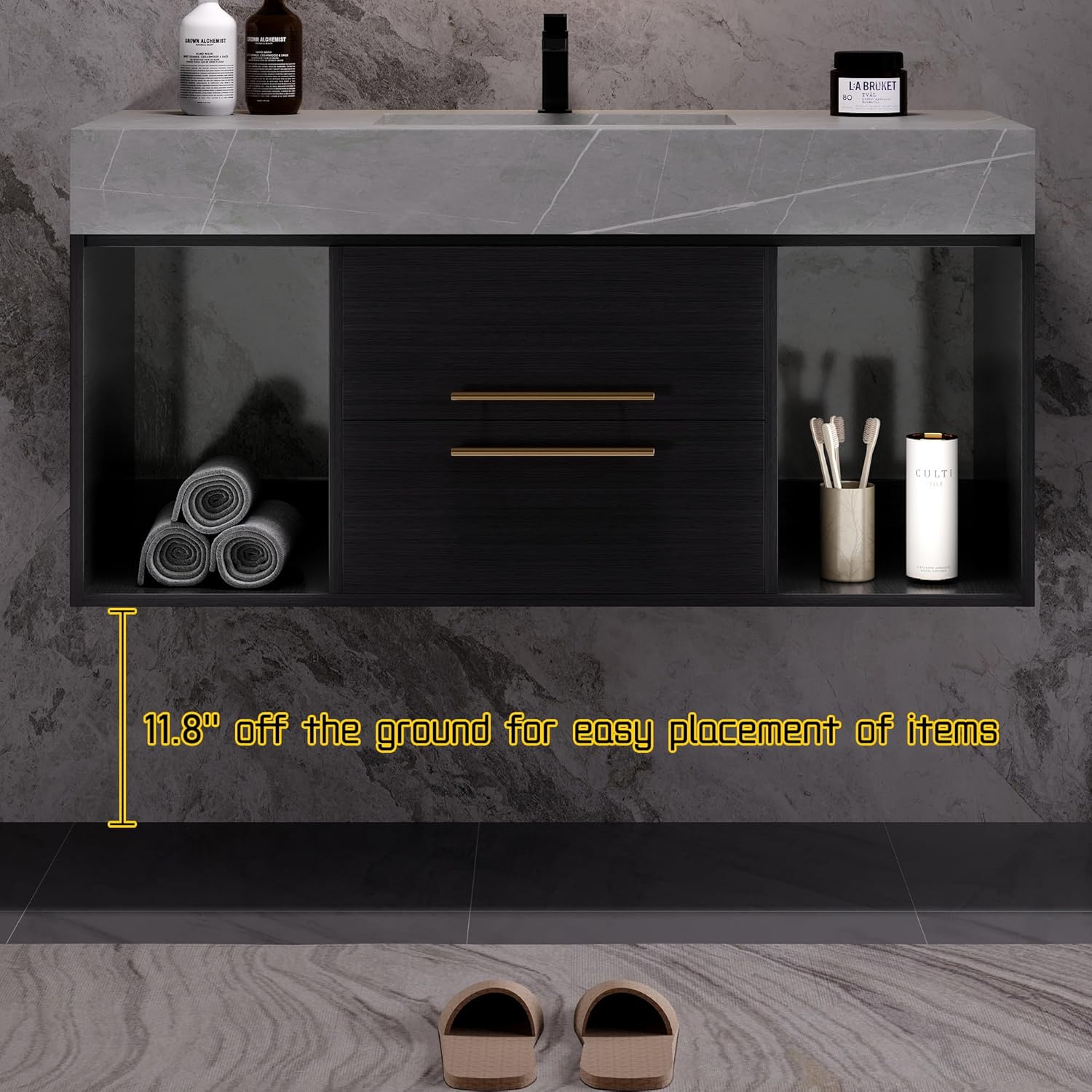 Bathroom Vanity with Sink, 39.4 Inches, Floating Design, 2 Cabinets, 2 Drawers T322486
