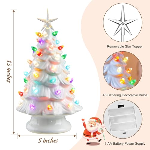 Ceramic Christmas Tree with Multicolored LED Lights, Battery Operated Tabletop Decor C5626