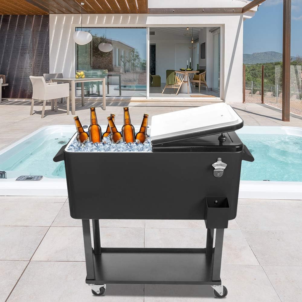 80 Quart Rolling Ice Chest Cooler Cart with Shelf and Bottle Opener L58934