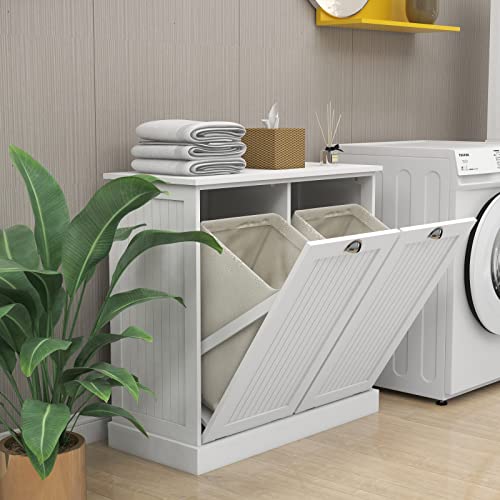 Tilt Out Trash Cabinet Laundry Sorter with Storage (White) U7684