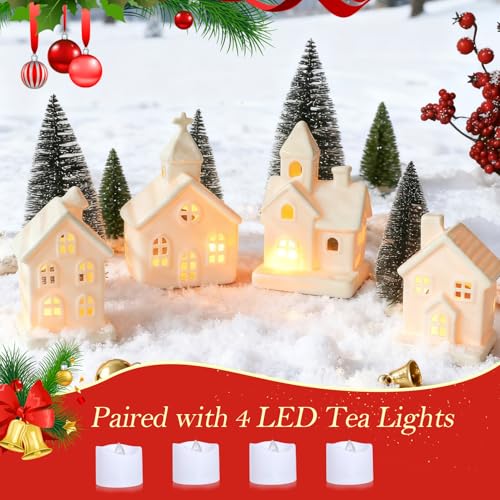 7PCS Christmas Village Sets - 3 LED Lighted Ceramic Houses with Remote & 4 Trees D535