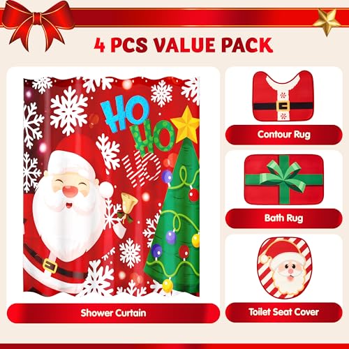 Christmas Bathroom Set with Shower Curtain, Bath Mat, Toilet Cover, Rug & Hooks T26855