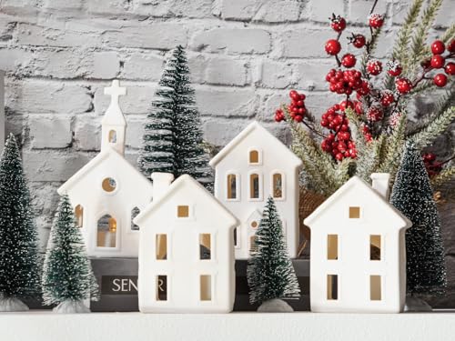 7PCS Christmas Village Sets - 3 LED Lighted Ceramic Houses with Remote & 4 Trees D535