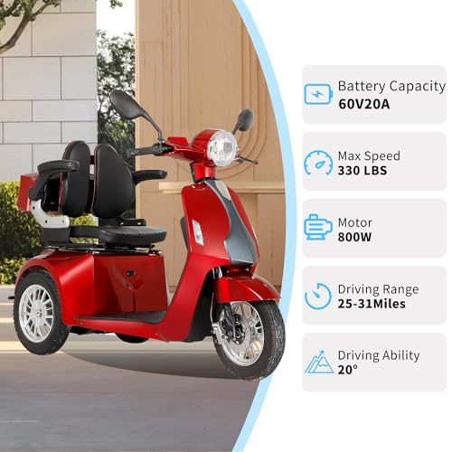 Heavy Duty 3 Wheel Mobility Scooter for Adults, 500 lbs Capacity, Red W318