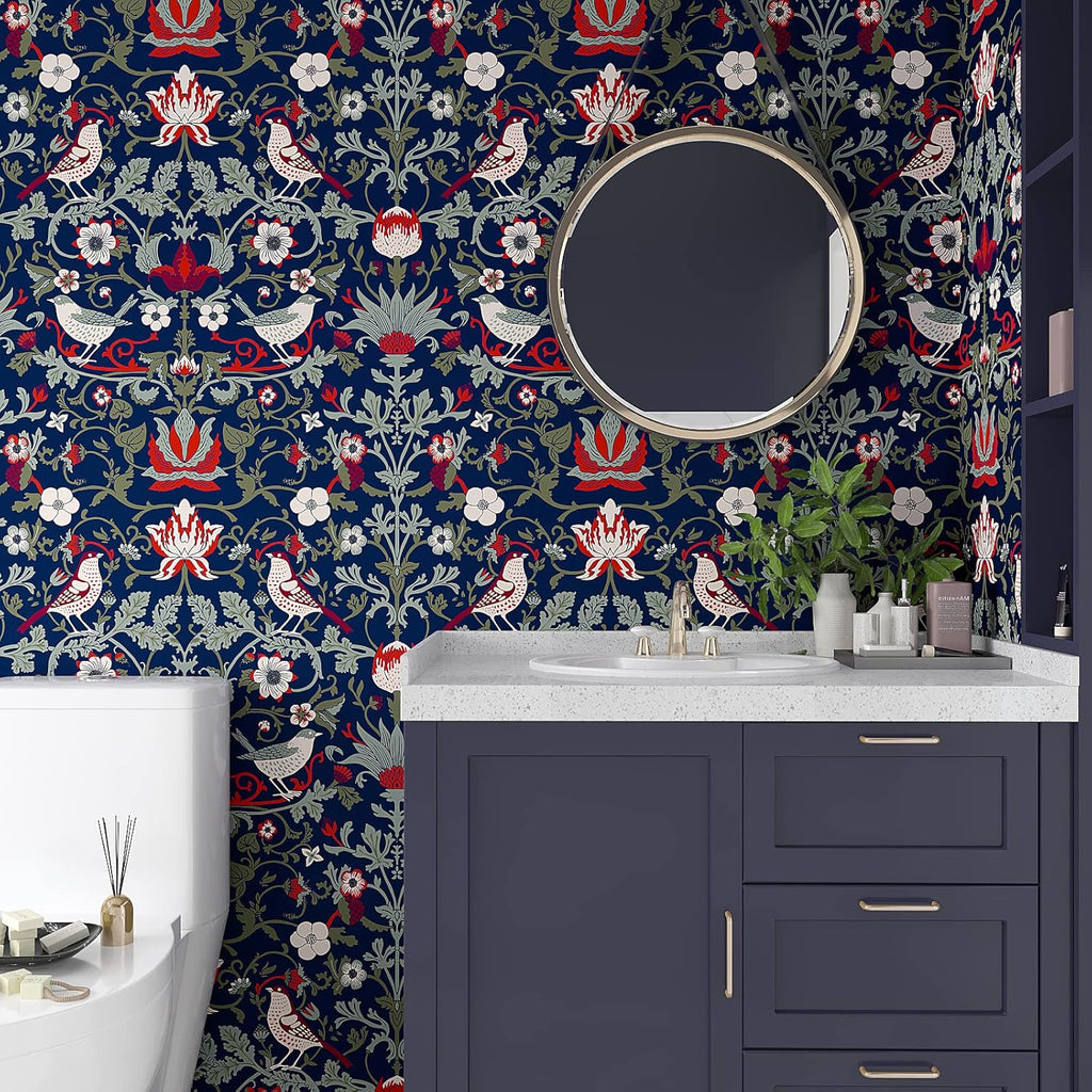 Vintage Birds Berries Floral Peel and Stick Wallpaper Navy Blue G62412