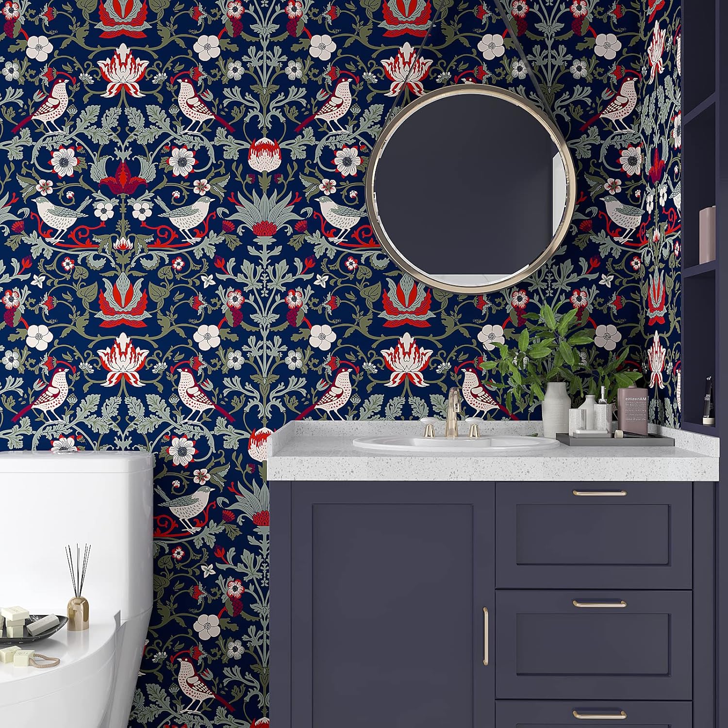 Vintage Birds Berries Floral Peel and Stick Wallpaper Navy Blue G62412
