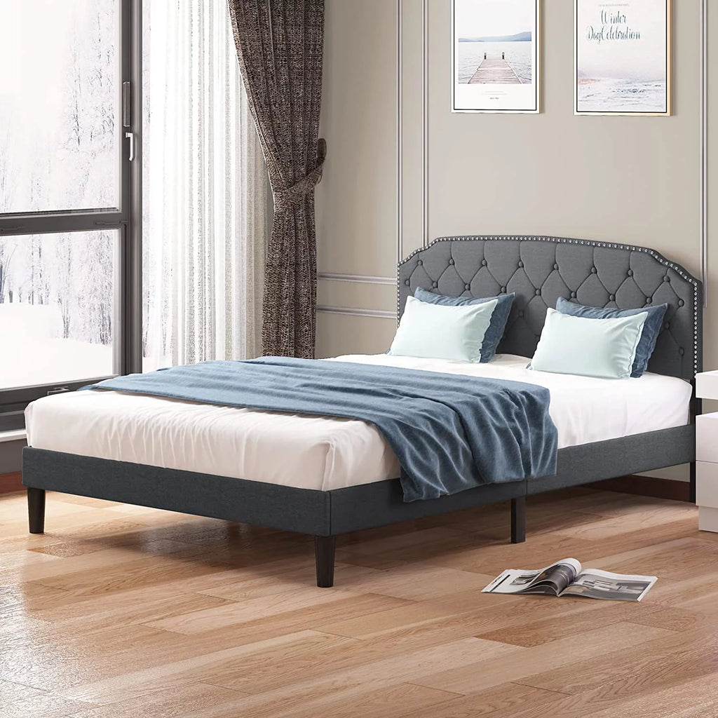 Queen Size Platform Bed Frame with Tufted Upholstered Headboard, Dark Grey E37329