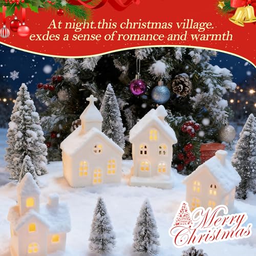 7PCS Christmas Village Sets - 3 LED Lighted Ceramic Houses with Remote & 4 Trees D535