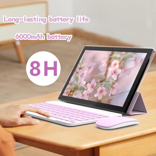 Tablet 10 inch Android 14 with Keyboard Case, Mouse, Stylus, 8GB+64GB, 1280*800 HD Touch Screen, 8MP Dual Camera, Wi-Fi Bluetooth, Blue B613