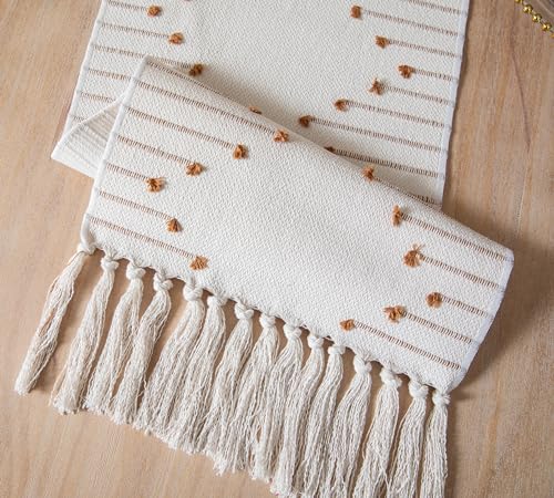Christmas Table Runner 13 x 90 Inch Cotton Woven with Tassels Red and Beige B398787