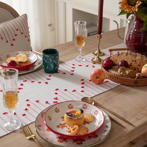 Christmas Table Runner 13 x 90 Inch Cotton Woven with Tassels Red and Beige B398787