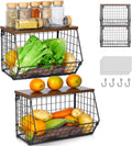 2 Tier Fruit Basket for Kitchen Counter, Hanging Fruit Baskets for Kitchen, Wall Basket Storage with Hooks, Stackable Wire Baskets for Storage Pantry, Potato and Onion Storage Bins with Wooden Lid