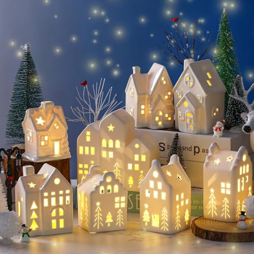 Ceramic Christmas Village Set with LED Houses and Trees X56634