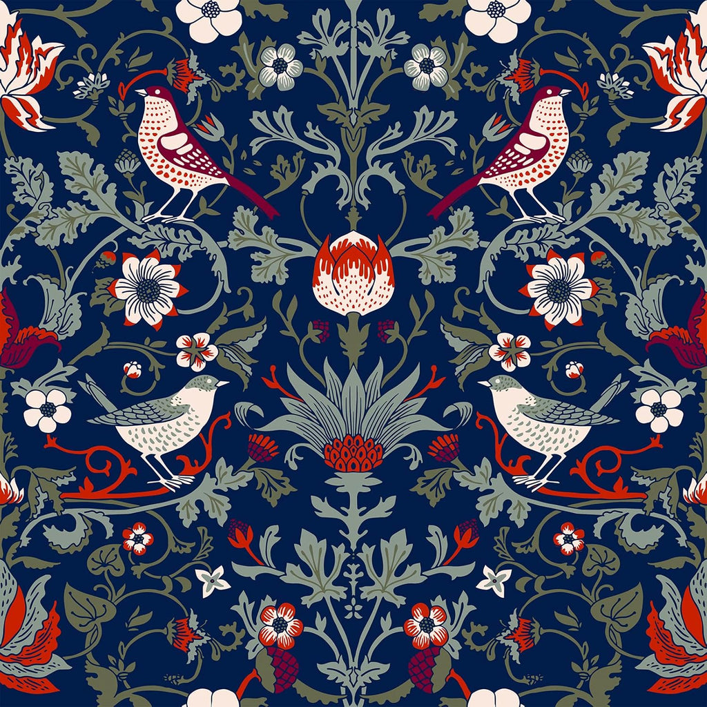 VEELIKE Vintage Birds Berries Floral Wallpaper 17.7''x118'' Navy Damask Floral Peel and Stick Wallpaper Removable Self Adhesive Wall Mural Blue Contact Paper for Bedroom Bathroom Walls Cabinets Shelf