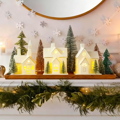 White Ceramic Christmas Village Houses with LED Lights, 3-Piece Set W44352