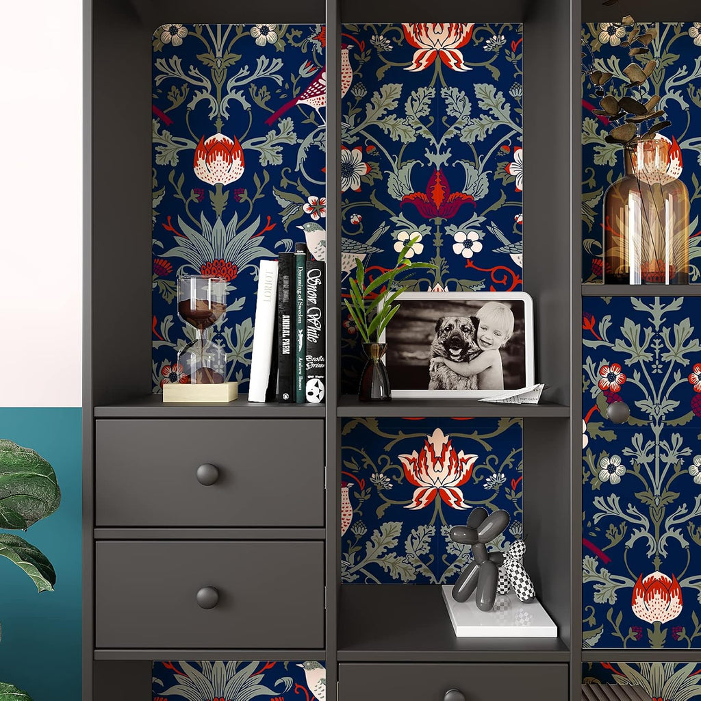 Vintage Birds Berries Floral Peel and Stick Wallpaper Navy Blue G62412