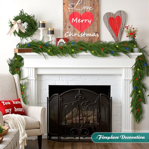9ft Pine Garland with Lights, Artificial Greenery for Mantle Fireplace Holiday Decor Z5285