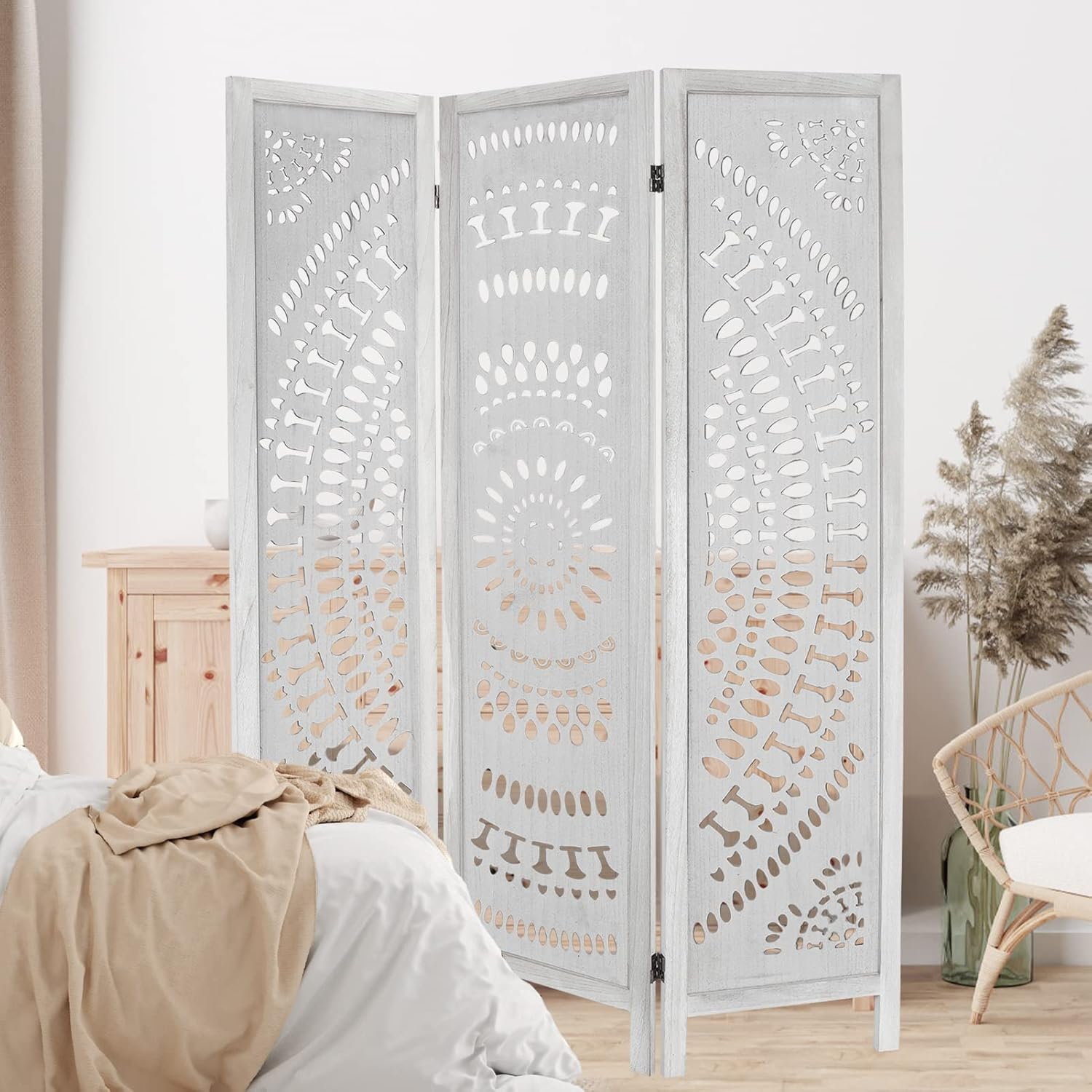 3 Panel Carved Wood Room Divider, 5.6ft Tall Folding Privacy Screen, White V742056