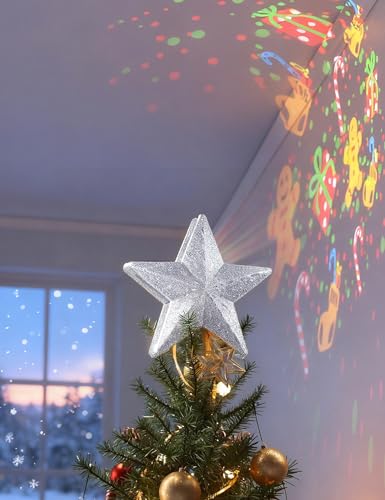 Christmas Tree Topper Lighted Star with 6 Projected Patterns, 3D Hollow Sparkling Star K7783